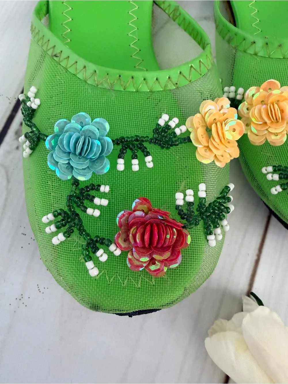 Green Embellished Floral Slide Sandals